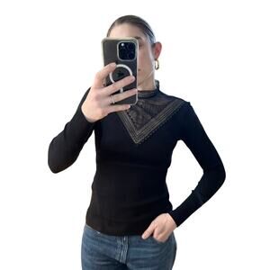 SANDRO Hans Lace Yoke Top Black Ribbed 1 Small S